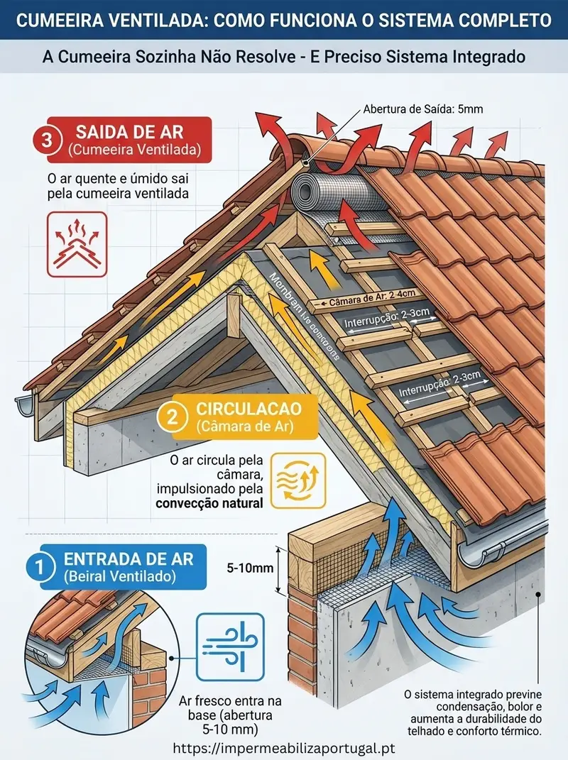 Infográfico: cumeeira ventilada — como funciona o sistema completo