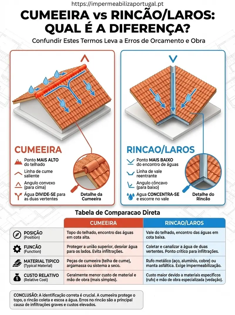 Infográfico: cumeeira vs rincão/larós — qual a diferença