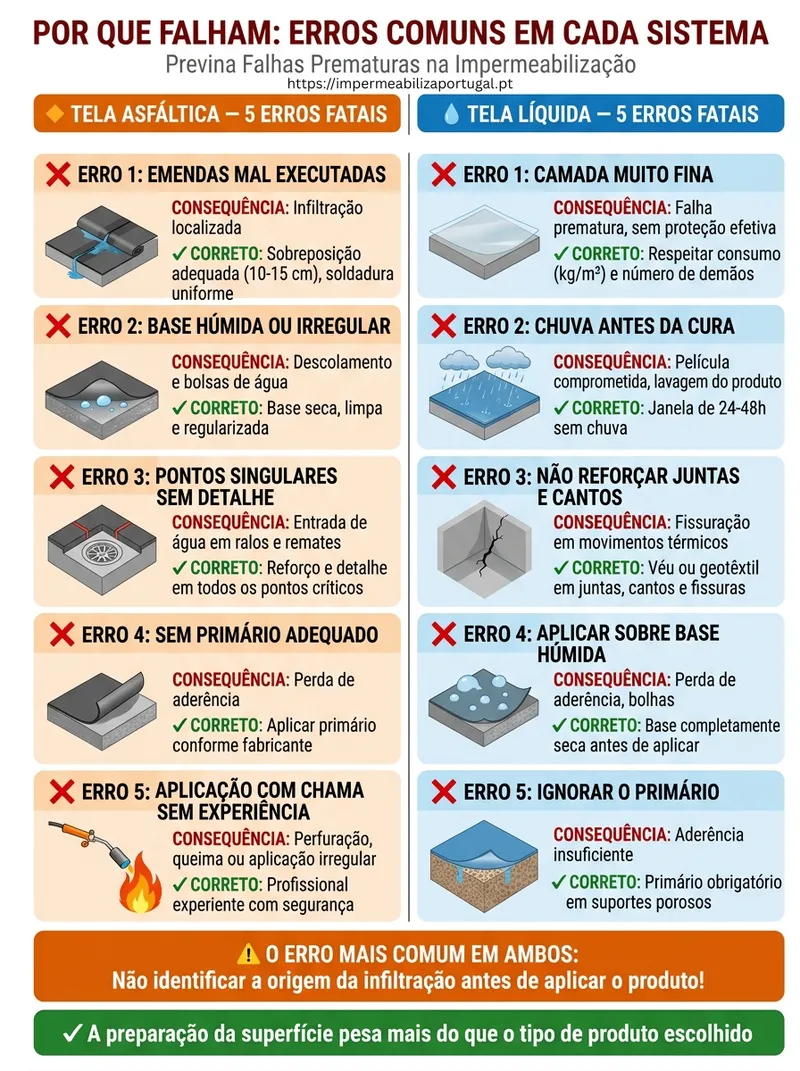 Infográfico: porque falham — erros comuns em cada sistema