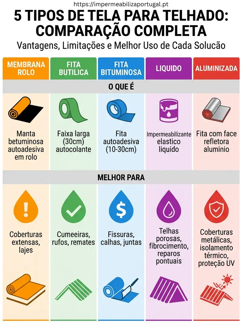 Infográfico: tipos de tela para telhado (rolo, fitas, líquido, aluminizado)