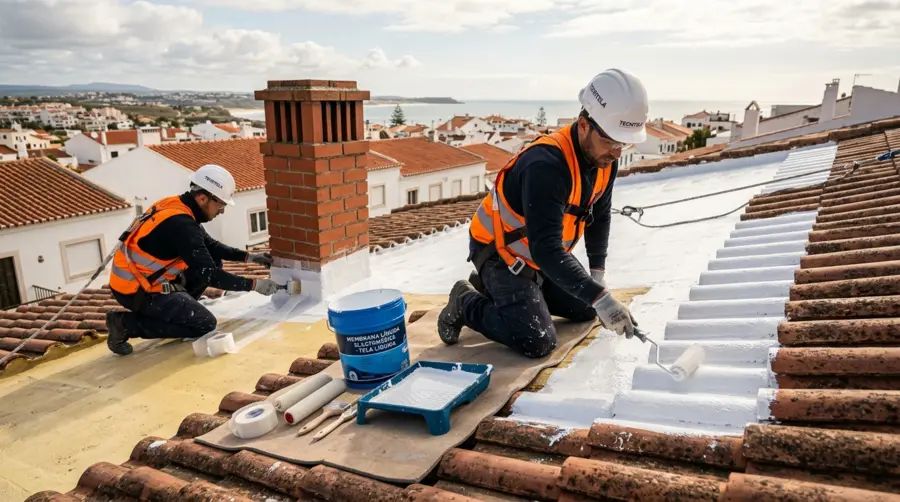 Tela líquida aplicada em telhado inclinado